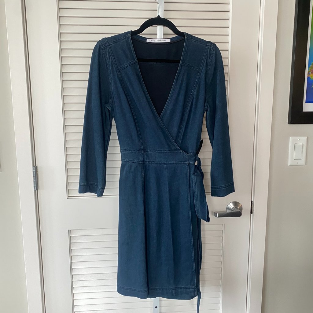 Diane Von Furstenberg Christa Wrap Mini/Midi Dress, Indigo Denim, Size S